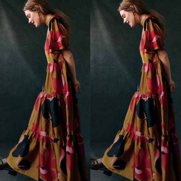Corey Lynn Calter Anthropologie tiered maxi dress gianna medium bronze black red - Picture 2 of 10